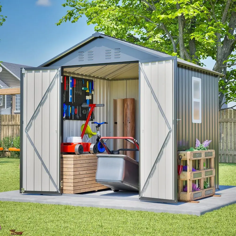 Gardening Tools Storage - 6x6フィートの亜鉛メッキ鋼製屋外収納庫（ロック可能なドア、傾斜屋根、透明窓付き）、庭用具、裏庭、パティオ用