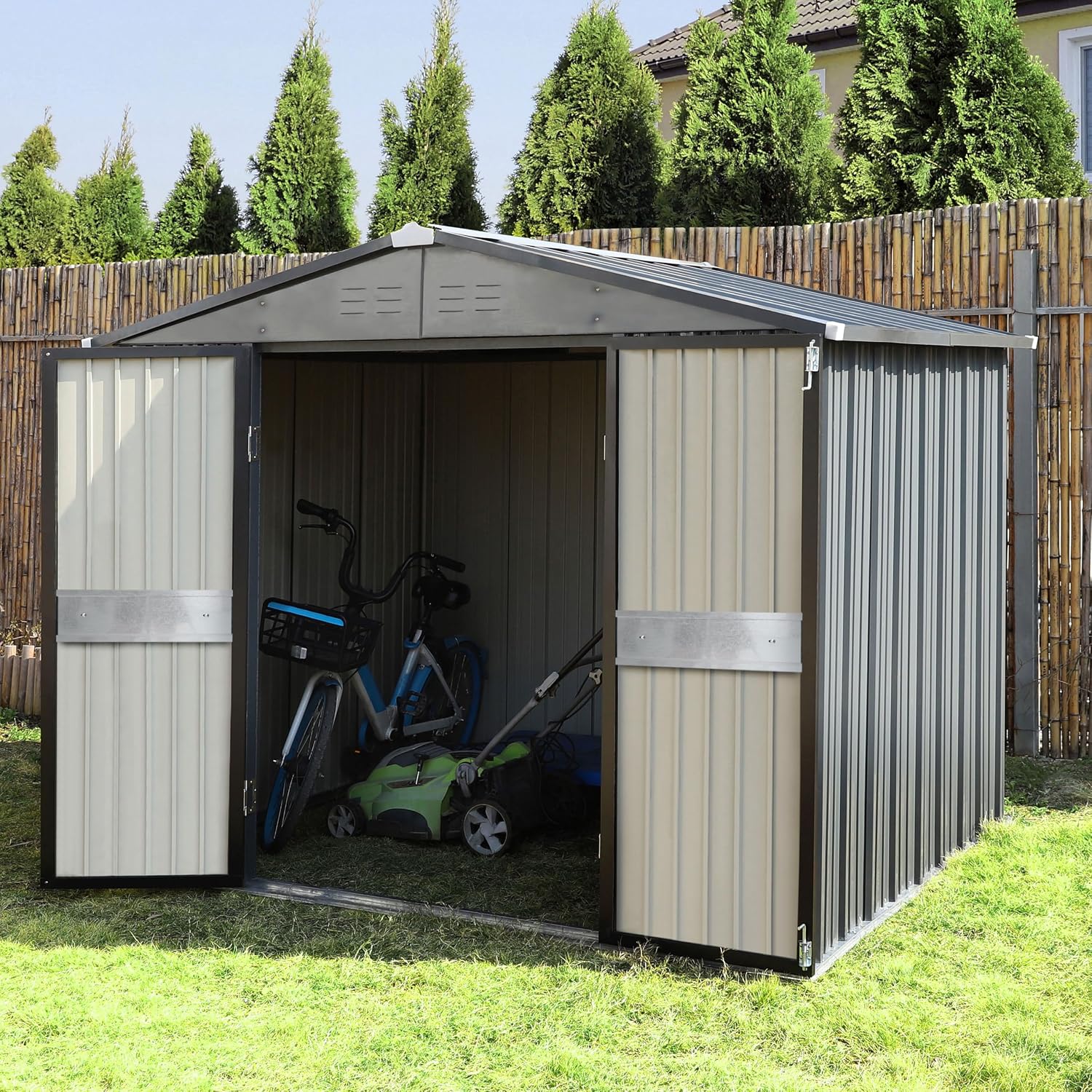 10フィート x 10フィートの屋外収納庫（両開きドア付き） - Gardening Tools Storage のレビューと価格