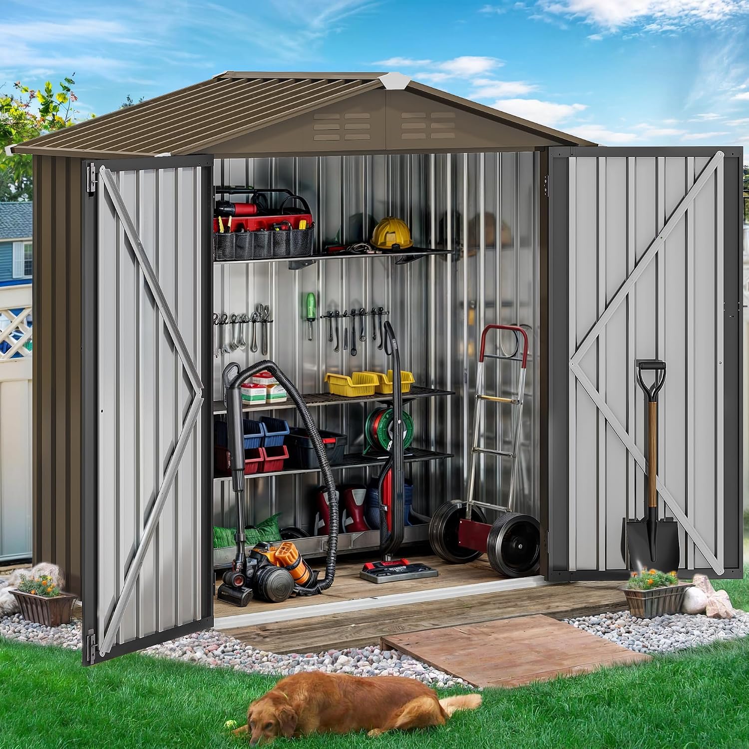 6x4フィートの金属製屋外収納庫、防水ツール小屋、頑丈な収納 - Gardening Tools Storage のレビューと価格