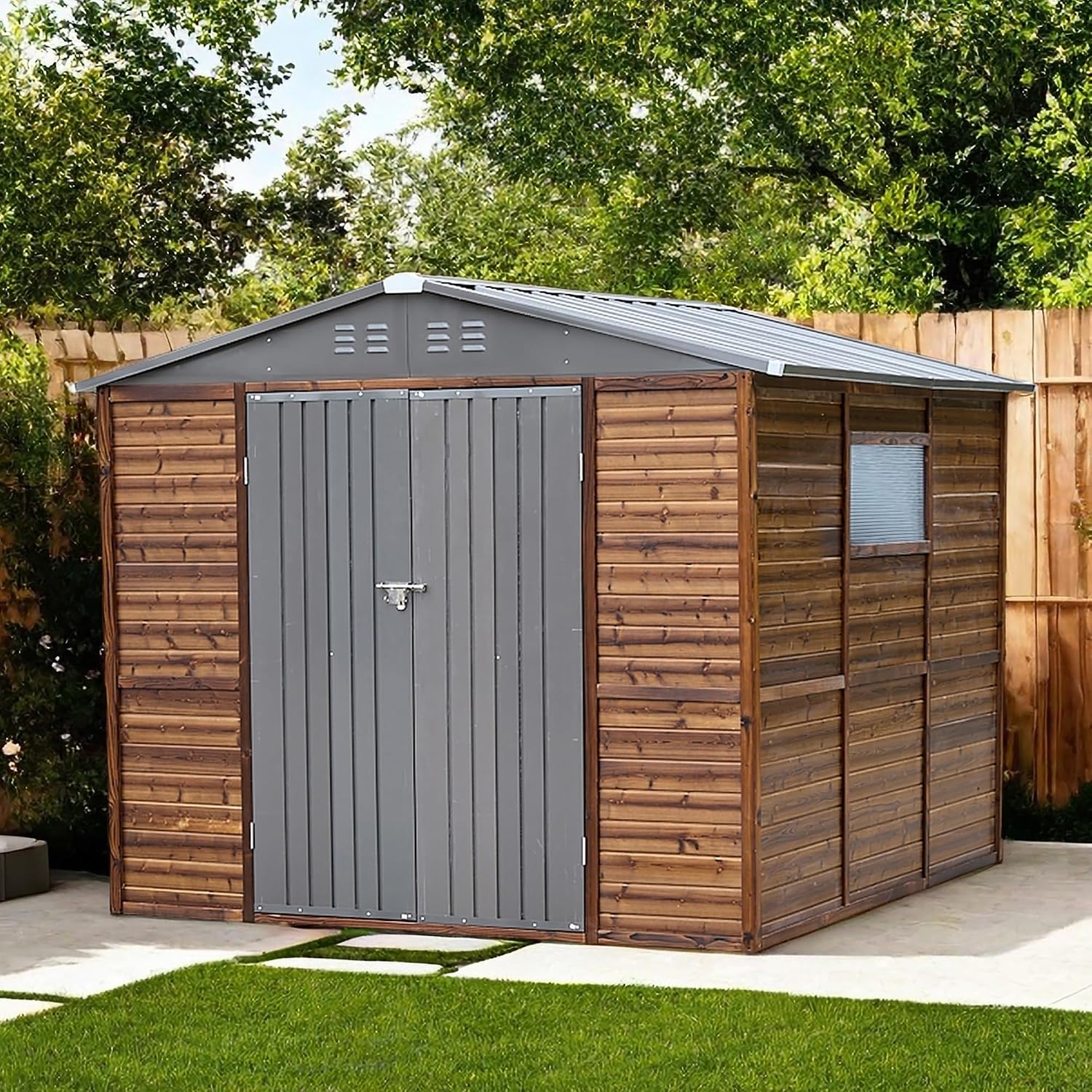 8x8フィートの屋外用木製＆金属製収納庫、防水仕様、窓と4つ - Gardening Tools Storage のレビューと価格
