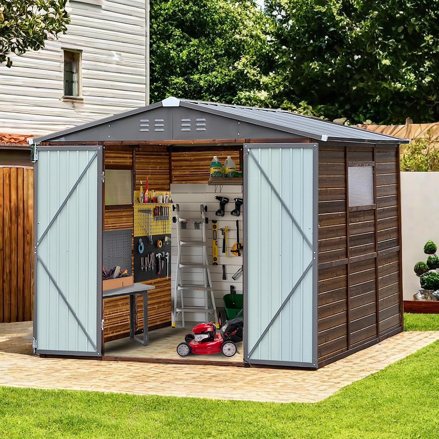 8x8フィートの屋外用木製＆金属製収納庫、防水仕様、窓と4つ - Gardening Tools Storage のレビューと価格