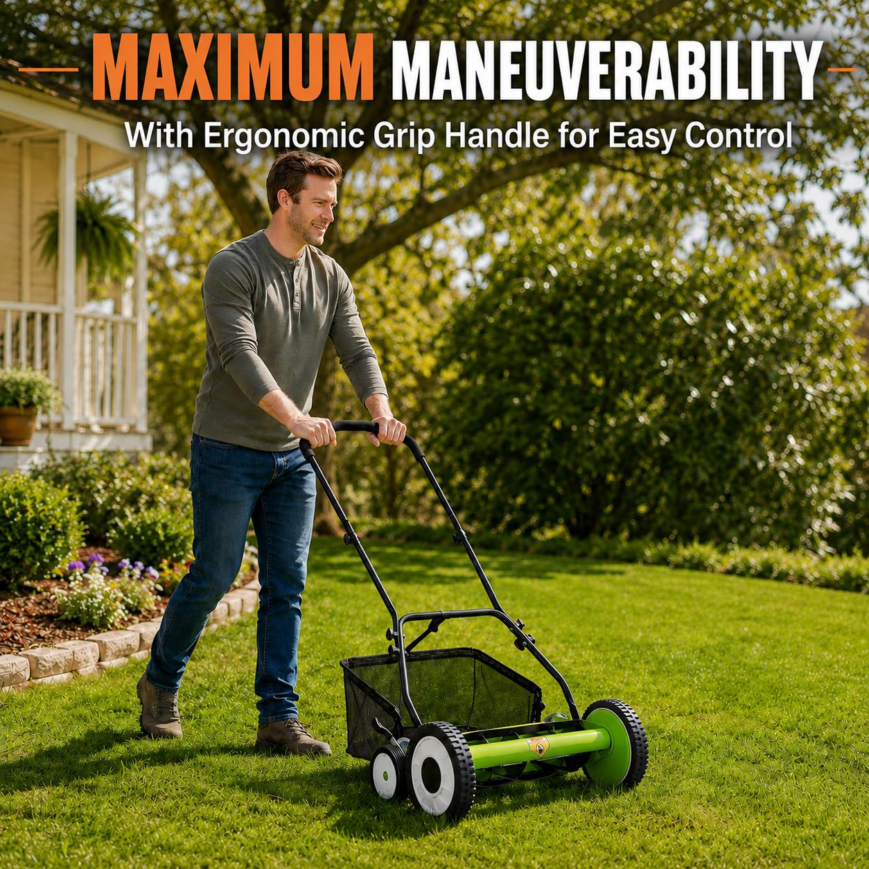 18インチ手押し式芝刈り機、4輪手動芝刈り機、5枚刃カーボン - Gardening Tools Lawn Mower のレビューと価格