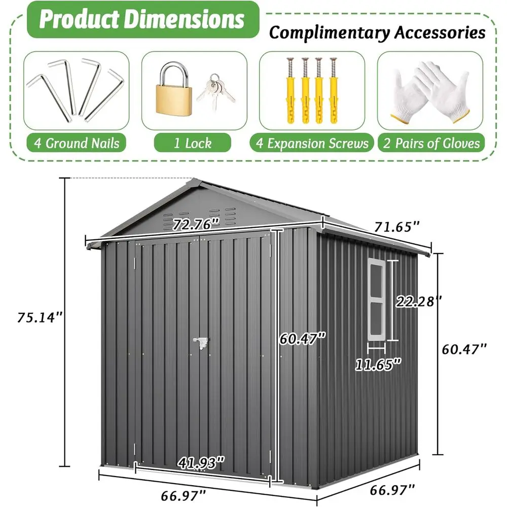 6x6フィートの亜鉛メッキ鋼製屋外収納庫（ロック可能なドア、 - Gardening Tools Storage のレビューと価格